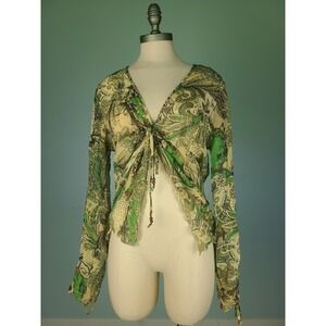 VTG Karen Kane XL 100% Silk Babydoll Top Green Paisley Fairycore Whimsical‎ 70s